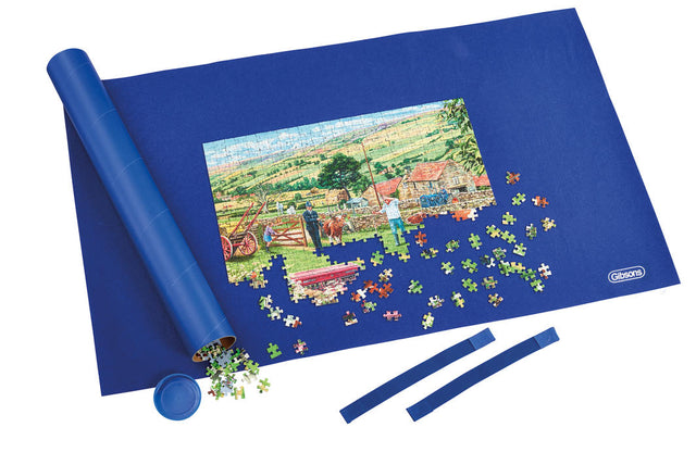 Gibsons Puzzle Roll: a portable mat for jigsaws up to 1000 pieces, featuring a cardboard drum and secure bands for safe transport.