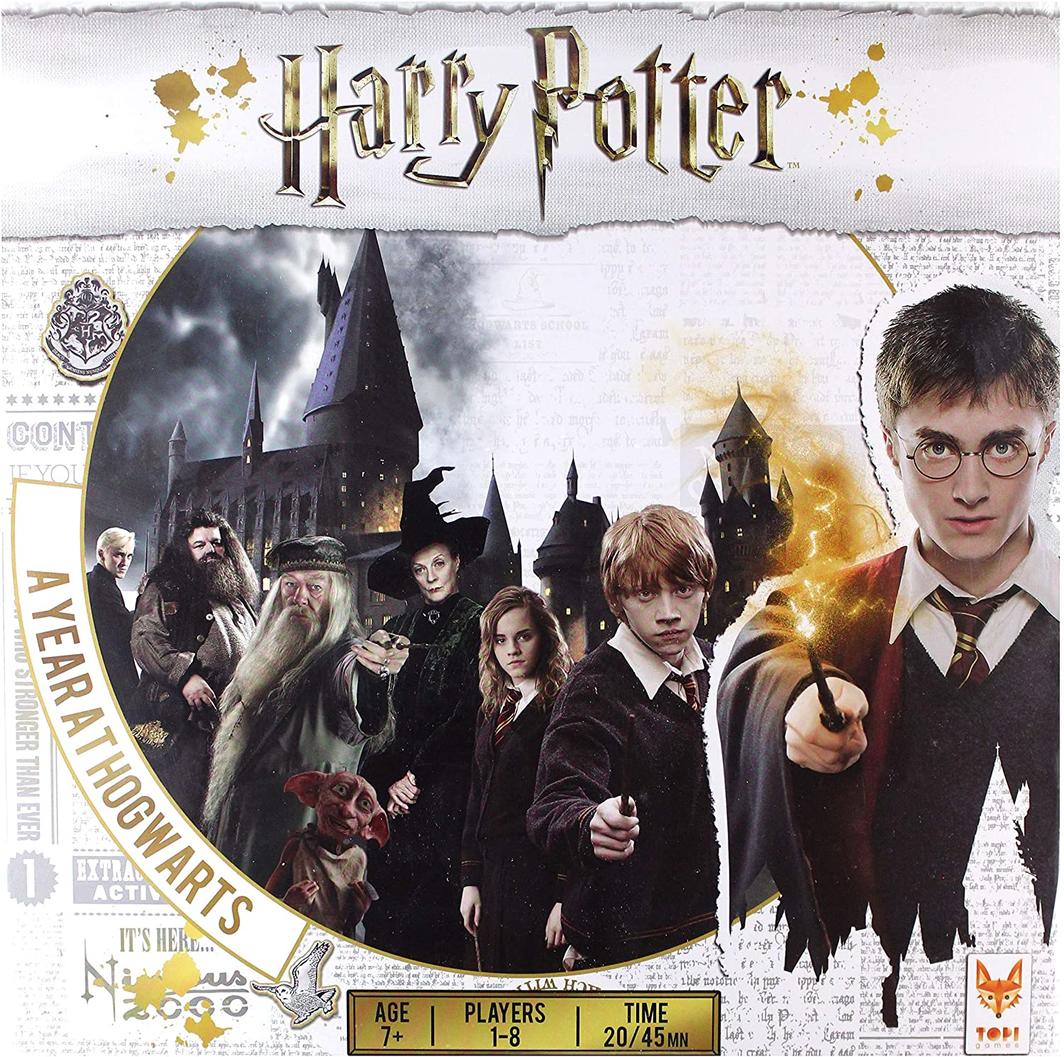 Board game featuring Harry Potter, Hermione, and Ron, set in Hogwarts with spells, missions, and house competitions.