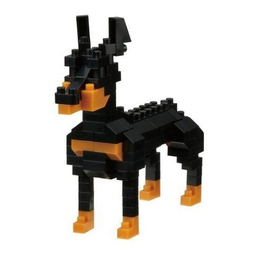 Nanoblock Doberman building kit with over 120 pieces for ages 12+, featuring detailed design and construction challenge.