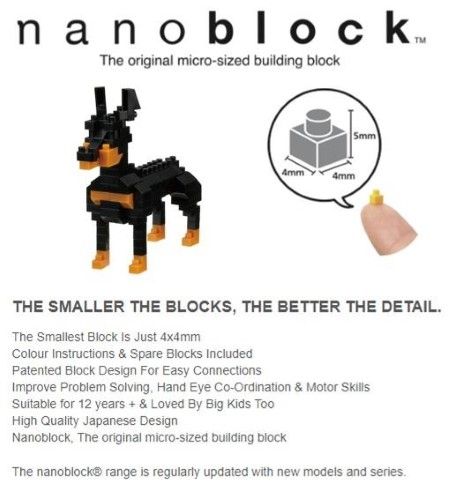 Intricate Nanoblock Doberman building kit featuring over 120 pieces, perfect for ages 12 and up.
