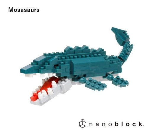 Nanoblock Mosasaurus building set with 180+ pieces, ideal for ages 12+, enhancing creativity and fine motor skills.
