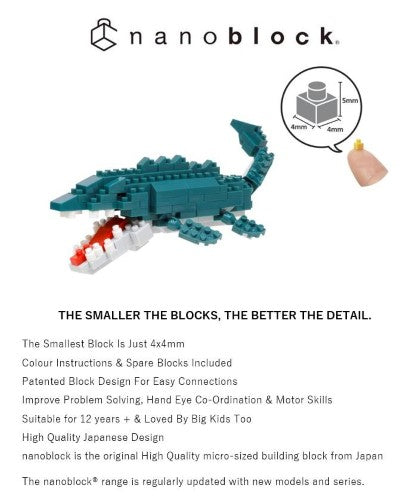 Nanoblock Mosasaurus building set featuring 180+ pieces for ages 12+, designed to ignite creativity and skill development.