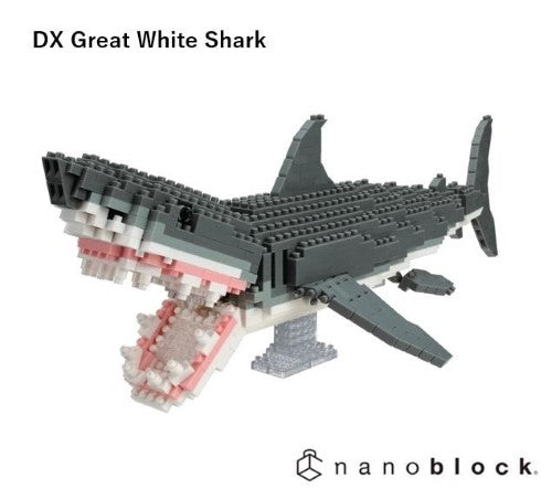 Nanoblock set of a Great White Shark with 680 pieces, perfect for ages 12+, offering a creative building challenge.