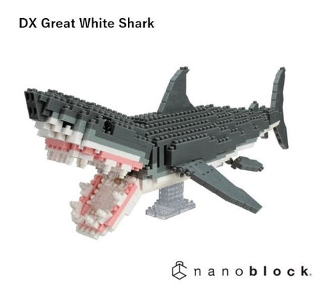Nanoblock set of a Great White Shark with 680 pieces, perfect for ages 12+, offering a creative building challenge.