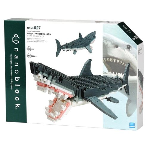 Nanoblock set of a Great White Shark with 680 pieces, designed for ages 12+, offering an intricate building experience.