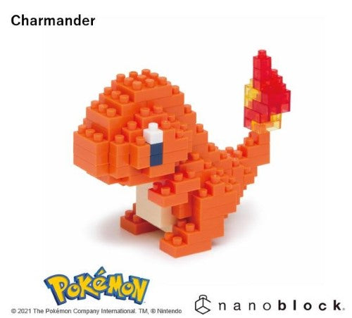 Detailed Nanoblock set of Pokémon Charmander with over 120 pieces for creative building fun, suitable for ages 12 and up.