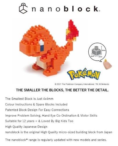 Nanoblock set featuring Charmander, a detailed miniature build with 120+ pieces, ideal for Pokémon fans aged 12 and up.