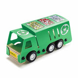 Wood craft kit for kids featuring a customizable recycling truck model with pre-cut pieces and colorful decals for creative fun.