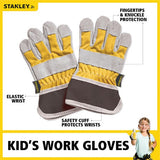 Stanley Jr Work Gloves for kids aged 5+, offering durability and protection for crafting and outdoor projects.