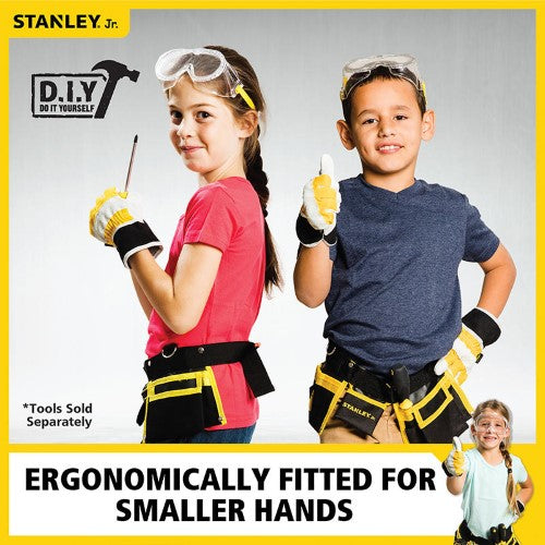 Kid-sized Stanley Jr Work Gloves for creative young builders, offering protection and comfort for various hands-on activities.