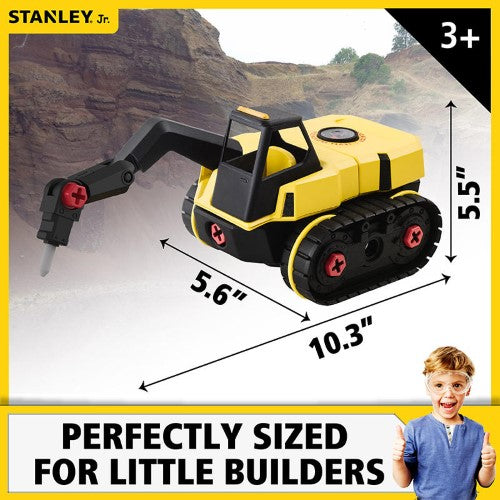 Child-friendly Stanley Jr Take Apart Jackhammer toy with 24 pieces, screwdriver, and moving parts for imaginative STEM play.