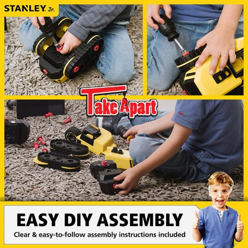 Kids' construction toy featuring a take-apart jackhammer with moving parts, operator figure, and safety screwdriver for STEM play.