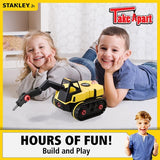 Child-friendly Stanley Jr Take A Part Jackhammer toy, featuring 24 pieces, mobile parts, and a safe screwdriver for STEM play.