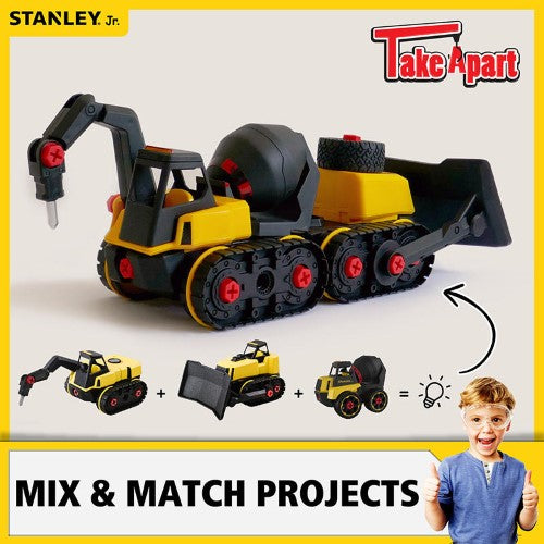 Interactive toy jackhammer kit for kids, including 24 pieces, screwdriver, and moving parts for STEM learning fun.