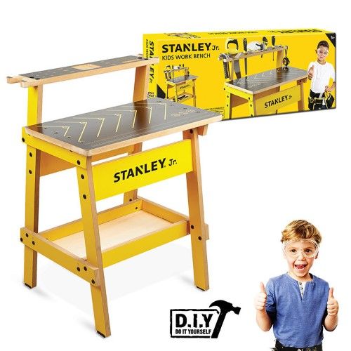 Children's Stanley Jr. Work Bench made of real wood, featuring a ruler and tool storage for imaginative construction play.