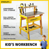 Wooden Stanley Jr. Work Bench for kids, featuring a ruler, tool storage, and sturdy construction for creative building fun.