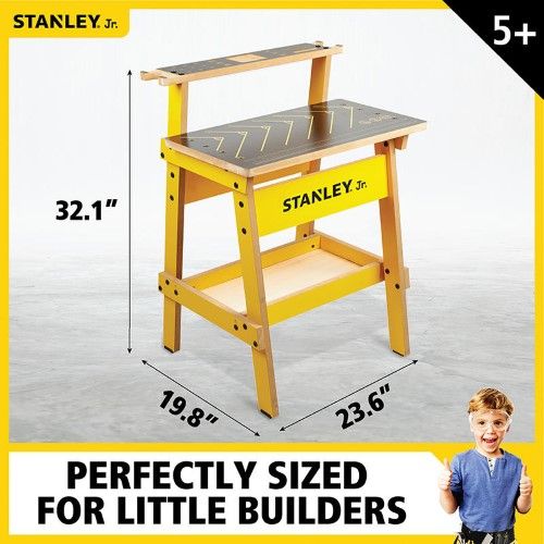 A premium wooden workbench for kids aged 5 and up, inspiring creativity and fine motor skill development with tool storage and a ruler.