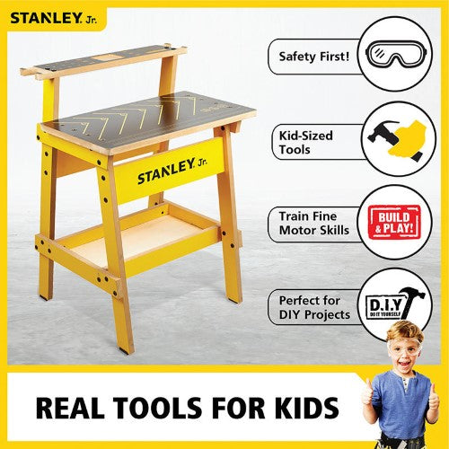 Wooden Stanley Jr. Work Bench for kids, featuring a ruler, tool storage, and a durable design to inspire creativity and learning.