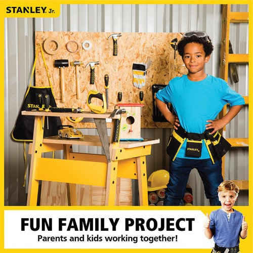 Kids' wooden workbench with ruler, tool storage, and durable design; perfect for imaginative play and motor skill development.