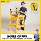 "Wooden kids' workbench with ruler, tool storage, and adjustable height for creative hands-on learning and play."