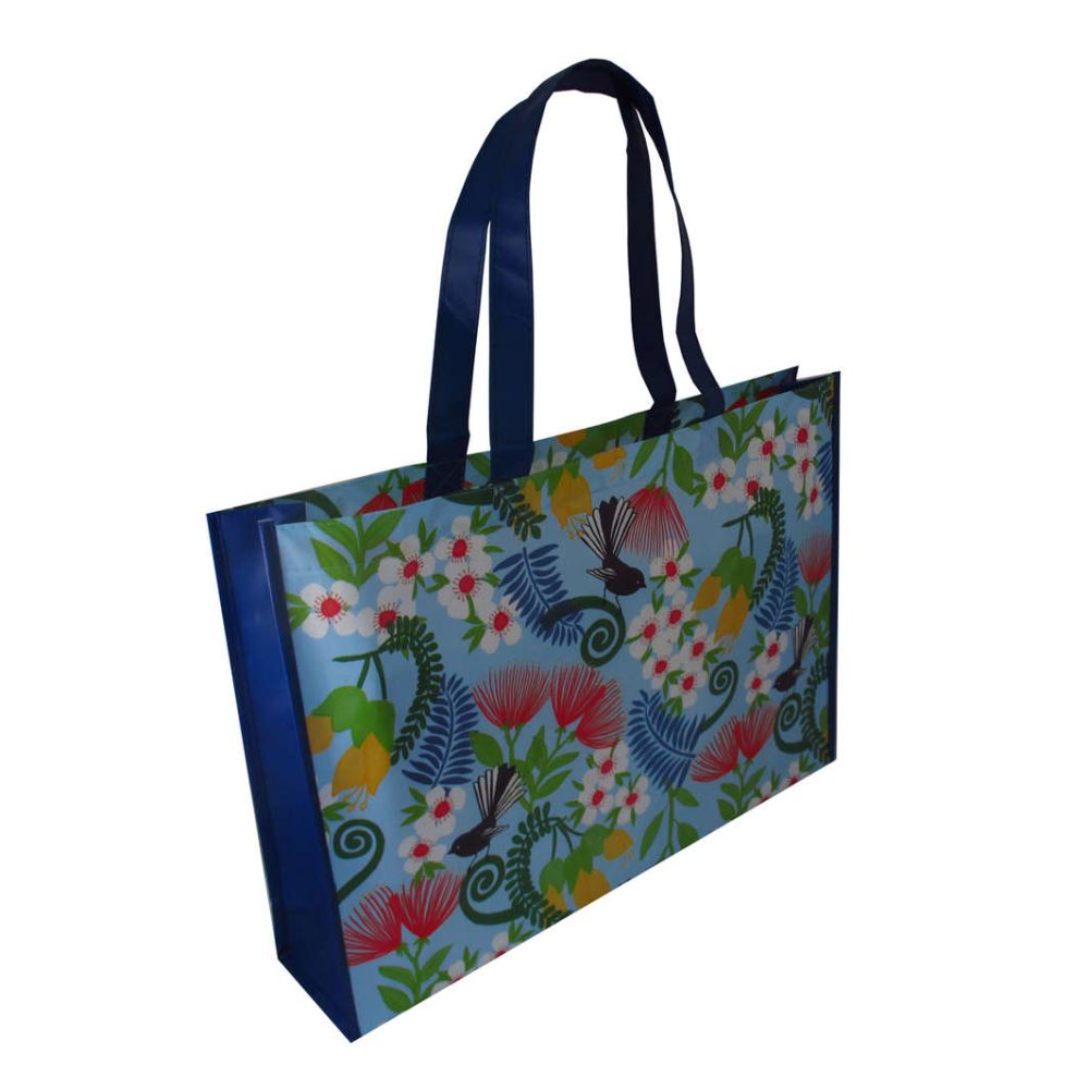 Laminated shopper bag featuring Kiwiana design, measures 45cm x 32cm, perfect for eco-friendly shopping.