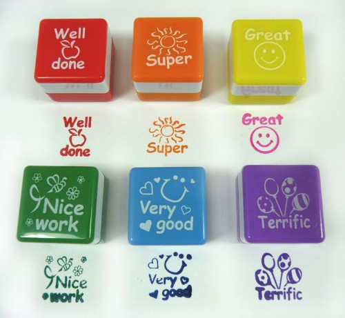 Self-inking stamp set for teachers featuring 6 reward designs. Perfect for classroom use and recognizing student achievements.