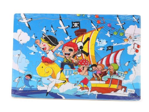 Colorful 50-piece wooden jigsaw puzzle featuring a pirate theme, ideal for children and families, promoting fun and learning.