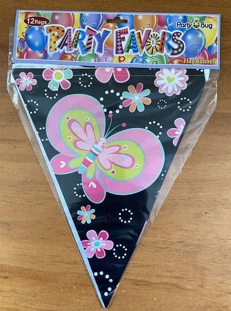Vibrant butterfly flag banners (12 flags) perfect for festive celebrations, adding color and whimsy to any event.