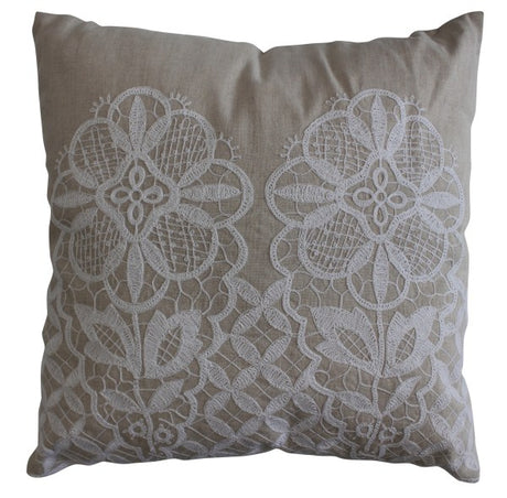 Vintage hand-embroidered square cushion with lace details, measuring 50 x 50 cm, perfect for stylish home decor.