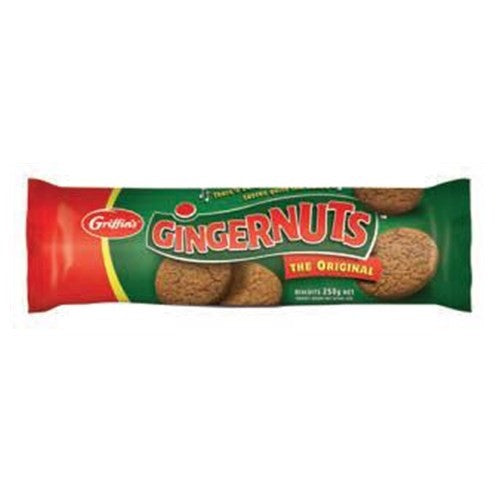 Packet of Griffins Gingernut Biscuits, 250g, featuring a crunchy texture and spicy ginger flavor, ideal for tea dunking.