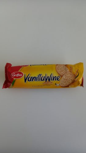 Griffins Vanilla Wine Biscuits: 250gm packet of crunchy, rich vanilla-flavored cookies with a hint of wine, perfect for tea time.