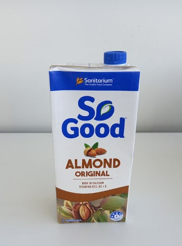 Creamy 1L carton of Sanitarium So Good Almond Milk Original Sweetened, a nutritious dairy-free alternative for various meals.