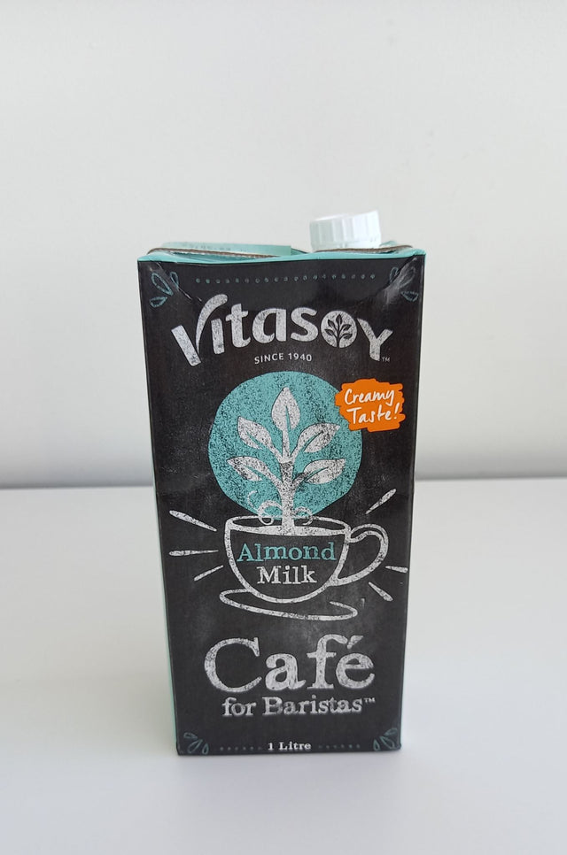 Vitasoy Almond Milk Cafe 1L for baristas, creamy and nutty, perfect for latte art and vegan coffee creations.