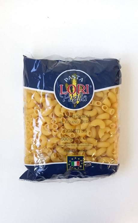 Packet of Pasta Maccheroni Gomiti Lori 500g, short elbow pasta made from durum wheat, perfect for creamy or chunky sauces.