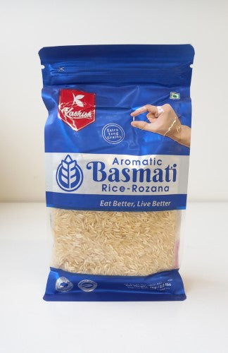 A 1kg bag of premium Basmati rice featuring long grains, aromatic fragrance, and fluffy texture for delicious meals.