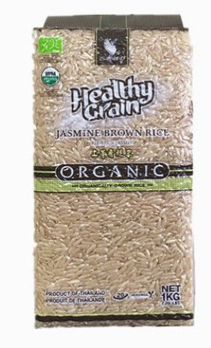 Organic Brown Jasmine Rice 1kg packet, nutty fragrance, nutrient-rich, perfect for healthy meals and versatile cooking.