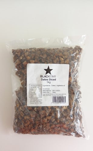 Chopped dates in a 1kg packet, perfect for baking, snacking, and adding to salads, packed with nutrients and sweetness.