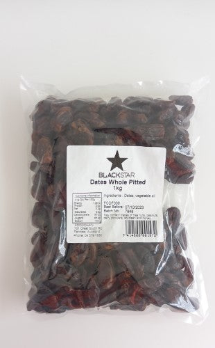 Pitted whole dates in a 1kg packet, perfect for snacking, baking, and nutritious meals, naturally sweet and additive-free.