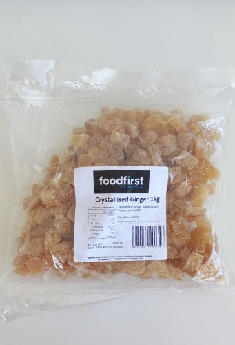 1kg packet of premium crystallised ginger, sweet and spicy, perfect for baking and snacking, rich in antioxidants and flavor.