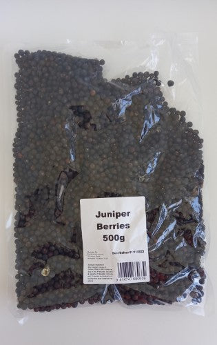 Premium 500gm packet of organic juniper berries, perfect for enhancing flavor in dishes and beverages.