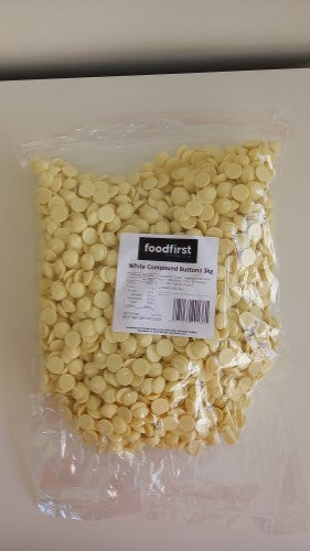 White chocolate buttons in a 3kg bag, perfect for baking, decorating, or snacking indulgence.