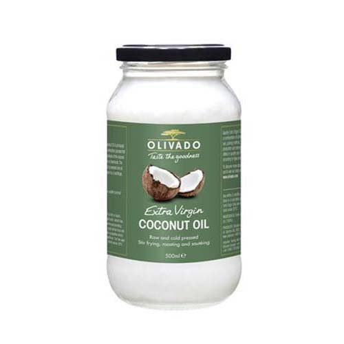 Organic Extra Virgin Coconut Oil in a 500ml glass jar, cold-pressed for cooking, baking, and skincare use.