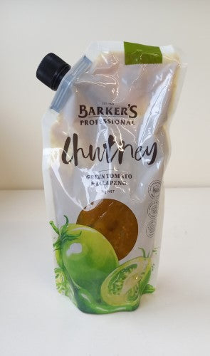 Chutney Green Tomato & Jalapeno 1kg Barkers packet featuring tangy, spicy flavors perfect for enhancing meals.