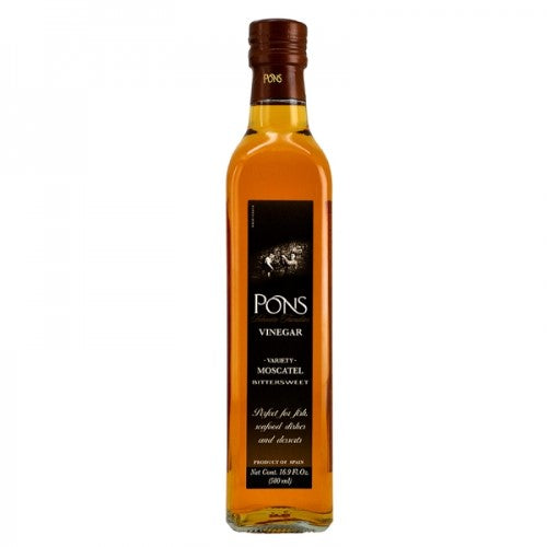 Bottle of Vinegar Moscatel Pons 500ml, showcasing a rich, sweet-tangy flavor ideal for salads and gourmet dishes.