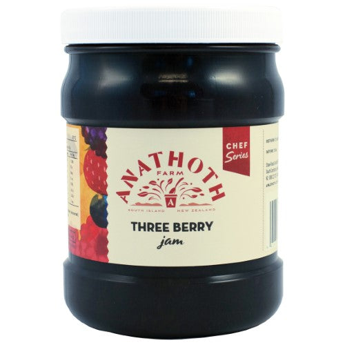 Anathoth Three Berry Jam in a 1.25kg jar, featuring a blend of raspberries, blackberries, and blueberries for delightful sweetness.