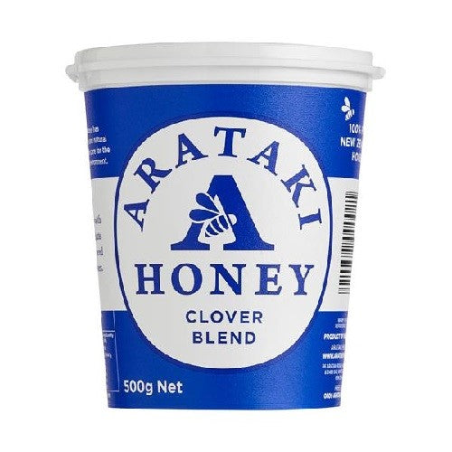 Honey Clover Blend Arataki 500gm tub featuring golden clover honey, ideal for sweetening dishes and promoting health.