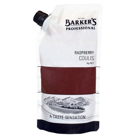 Coulis Raspberry Barkers 1kg packet filled with fruity raspberry sweetness, perfect for desserts and gourmet baking.