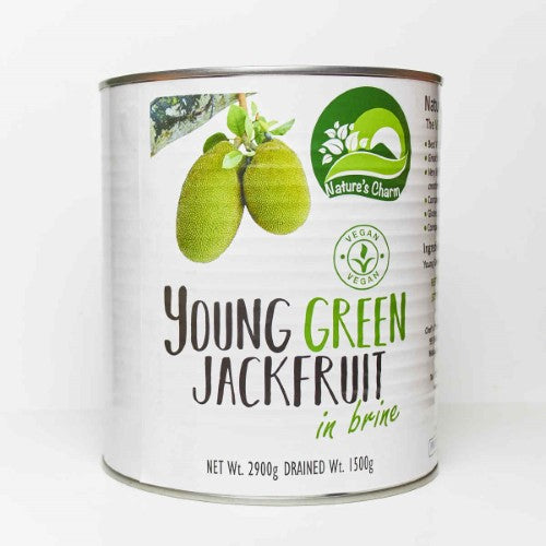 Can of Nature's Charm Young Green Jackfruit in brine, a versatile vegan meat alternative for healthy cooking.