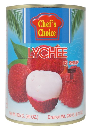 Lychees in syrup from Thai Tasty Brand, 565gm tin, showcasing juicy, sweet lychees ideal for desserts and cocktails.