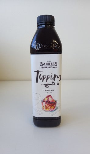 Barkers Topping Chocolate 1.25kg bottle, ideal for drizzling on desserts with rich cocoa flavor and smooth texture.